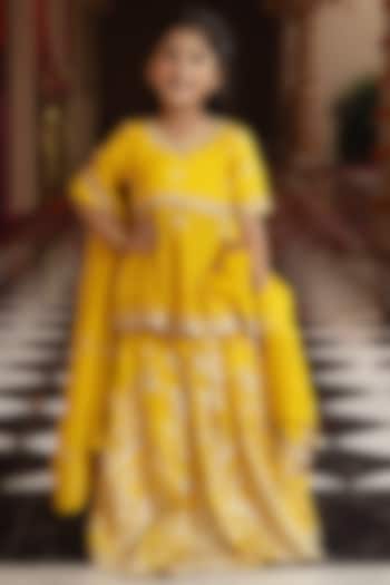 Yellow Tissue Organza Embroidered Lehenga Set For Girls by Fayon Kids at Pernia's Pop Up Shop