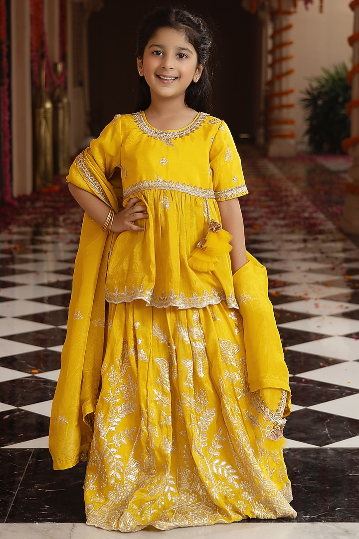 Yellow Tissue Organza Embroidered Lehenga Set For Girls by Fayon Kids at Pernia's Pop Up Shop