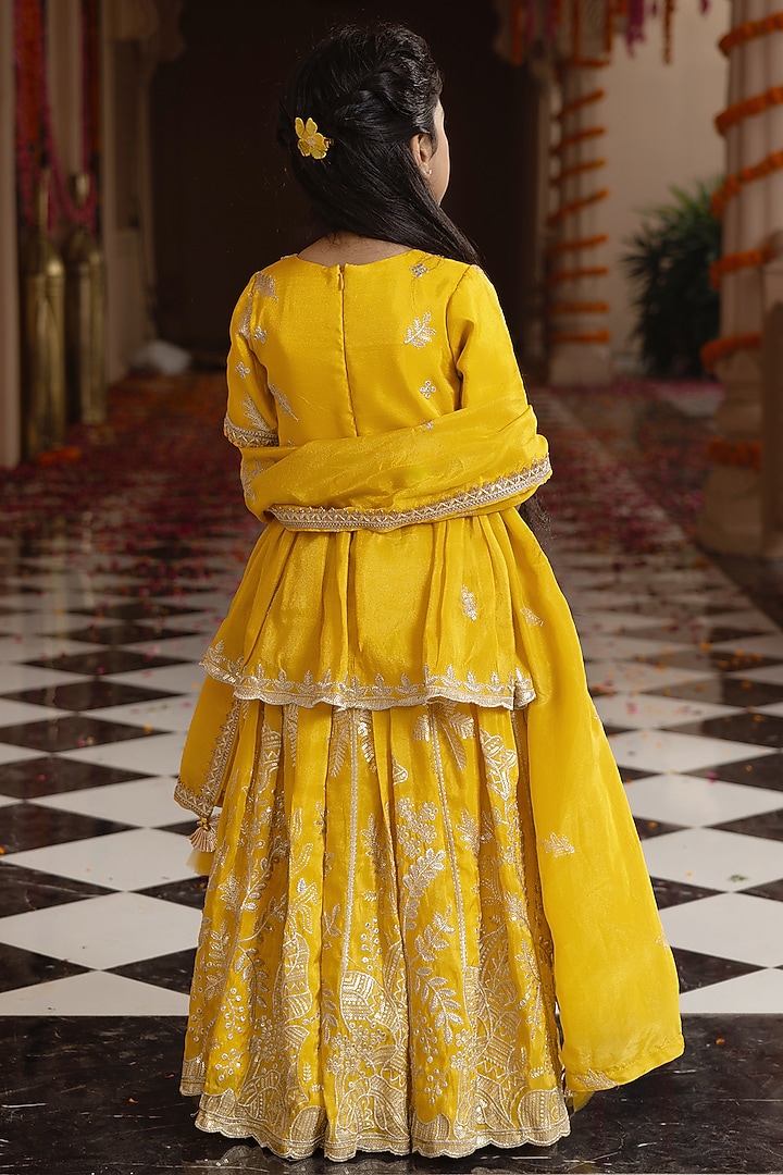 Yellow Tissue Organza Embroidered Lehenga Set For Girls by Fayon Kids at Pernia's Pop Up Shop