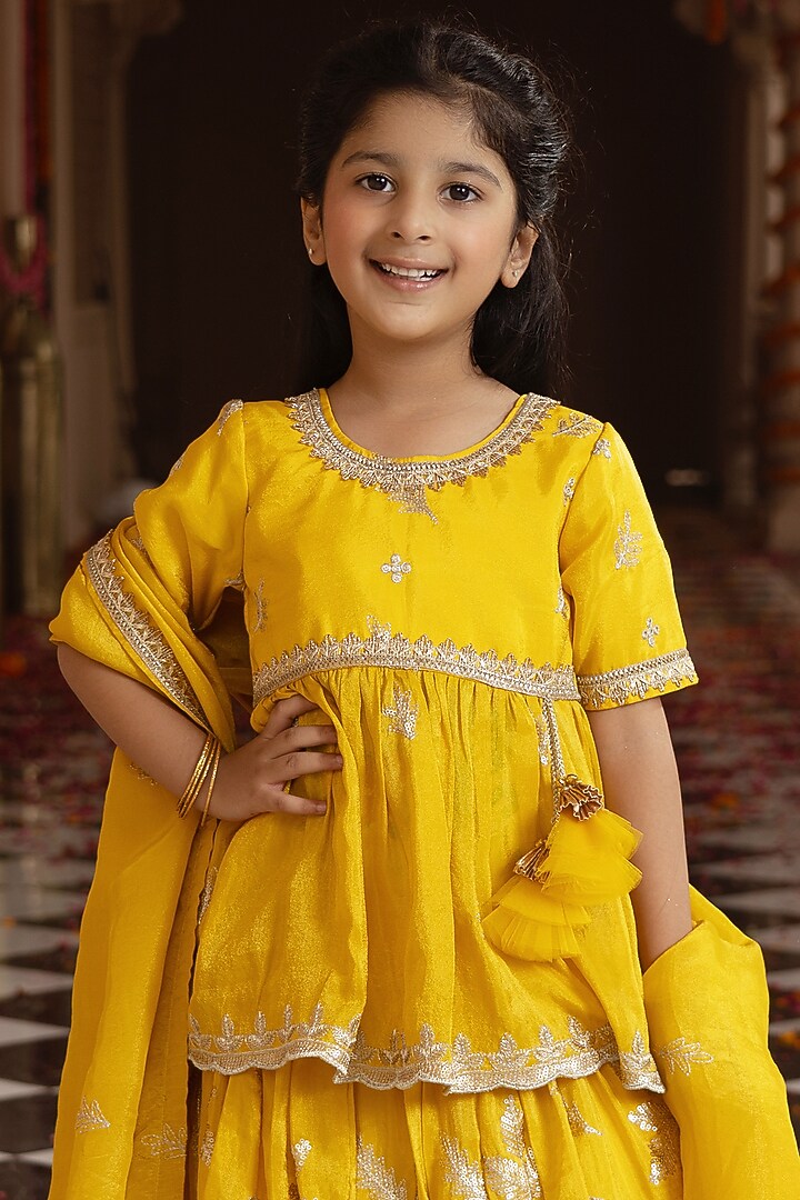 Yellow Tissue Organza Embroidered Lehenga Set For Girls by Fayon Kids at Pernia's Pop Up Shop