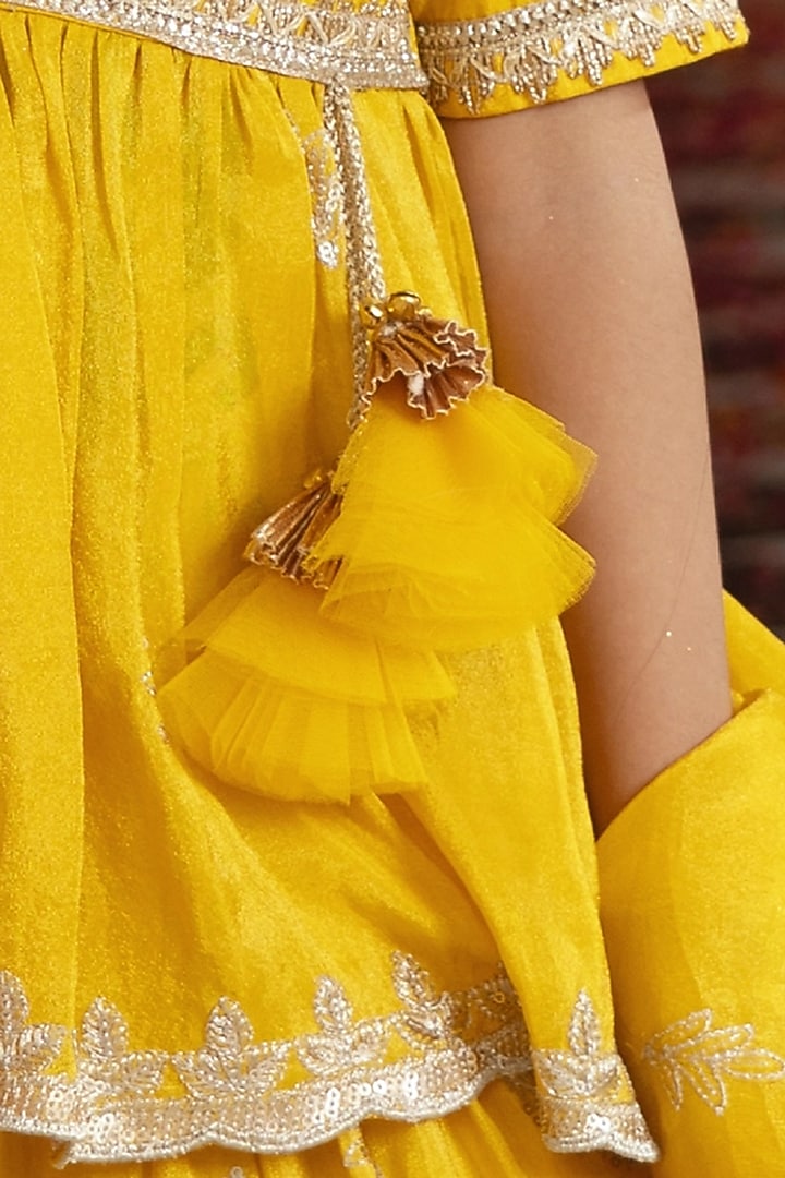Yellow Tissue Organza Embroidered Lehenga Set For Girls by Fayon Kids at Pernia's Pop Up Shop