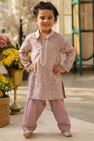 Lilac Soft Georgette Embroidered Kurta Set For Boys by Fayon Kids