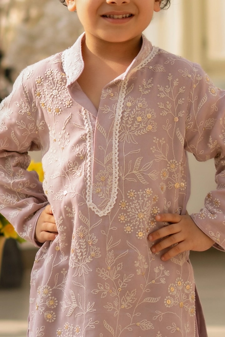 Lilac Soft Georgette Embroidered Kurta Set For Boys by Fayon Kids at Pernia's Pop Up Shop