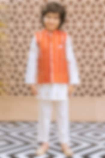 Orange Tissue Organza Mirror Embroidered Nehru Jacket Set For Boys by Fayon Kids