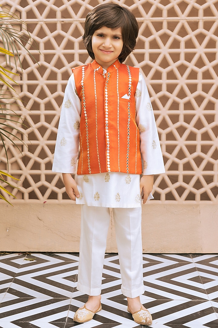 Orange Tissue Organza Mirror Embroidered Nehru Jacket Set For Boys by Fayon Kids