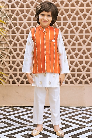 Orange Tissue Organza Mirror Embroidered Nehru Jacket Set For Boys by Fayon Kids