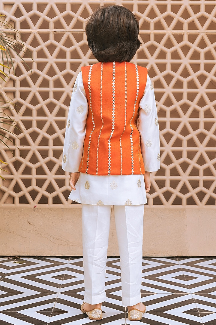Orange Tissue Organza Mirror Embroidered Nehru Jacket Set For Boys by Fayon Kids at Pernia's Pop Up Shop
