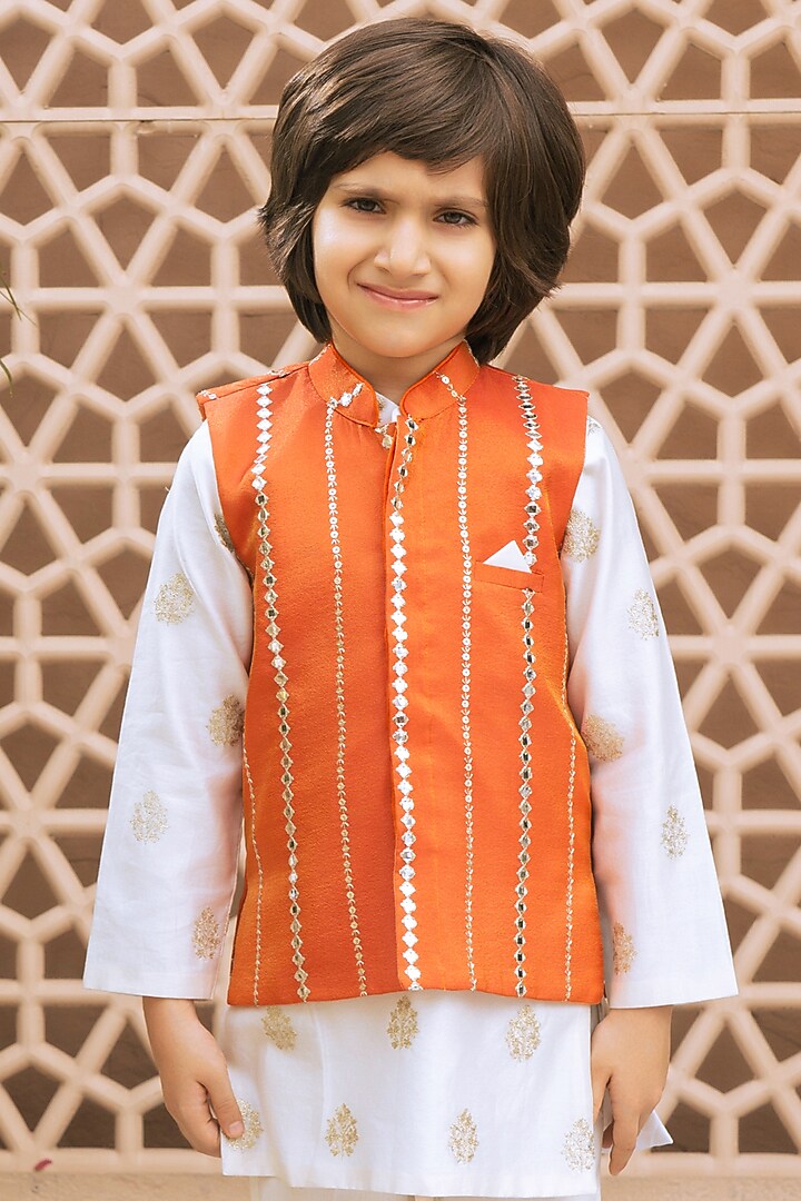 Orange Tissue Organza Mirror Embroidered Nehru Jacket Set For Boys by Fayon Kids at Pernia's Pop Up Shop