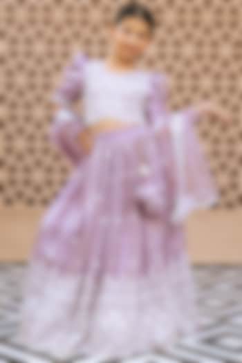Lilac Tissue Organza Embroidered Flared Lehenga Set For Girls by Fayon Kids at Pernia's Pop Up Shop