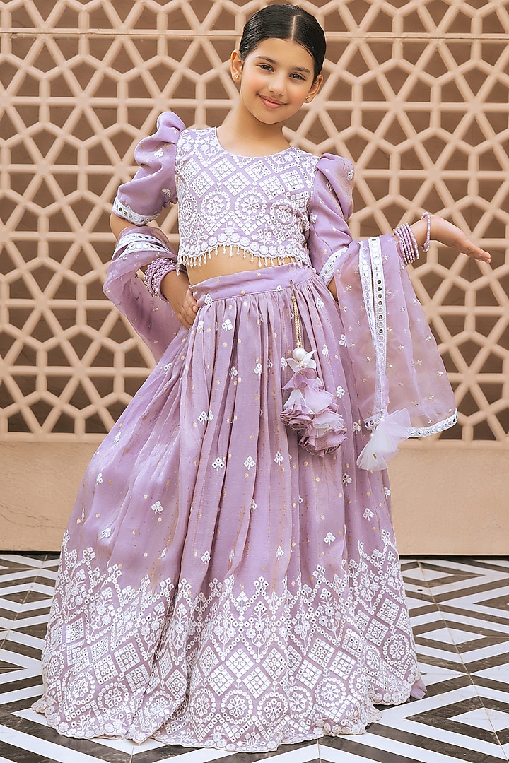 Lilac Tissue Organza Embroidered Flared Lehenga Set For Girls by Fayon Kids at Pernia's Pop Up Shop