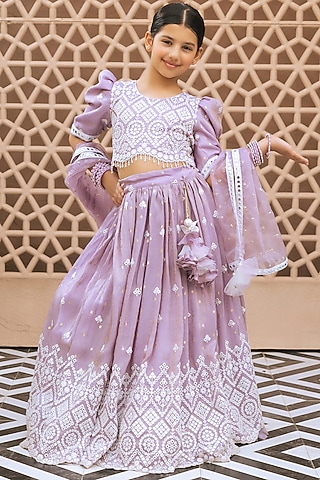 Lilac Tissue Organza Embroidered Flared Lehenga Set For Girls by Fayon Kids