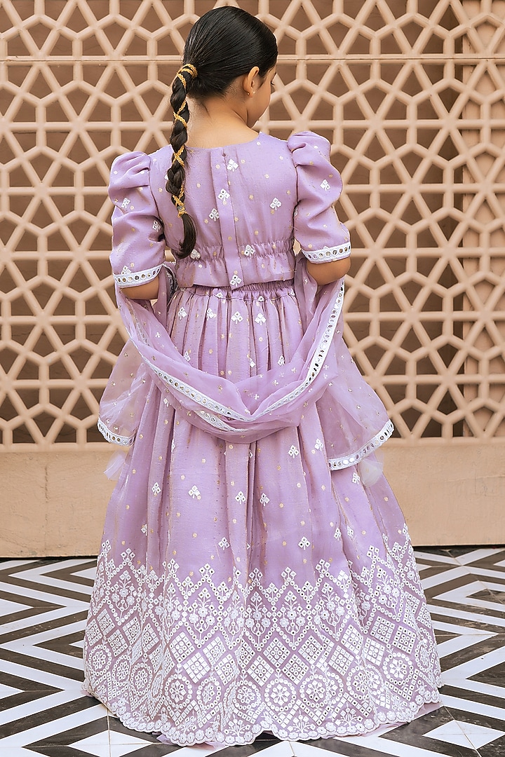 Lilac Tissue Organza Embroidered Flared Lehenga Set For Girls by Fayon Kids at Pernia's Pop Up Shop
