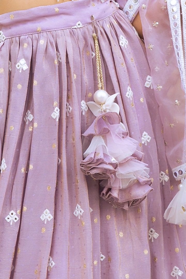 Lilac Tissue Organza Embroidered Flared Lehenga Set For Girls by Fayon Kids at Pernia's Pop Up Shop
