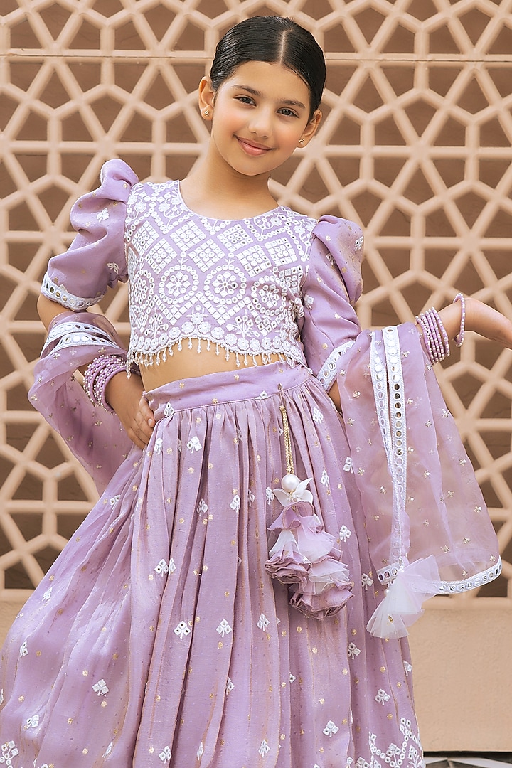 Lilac Tissue Organza Embroidered Flared Lehenga Set For Girls by Fayon Kids at Pernia's Pop Up Shop
