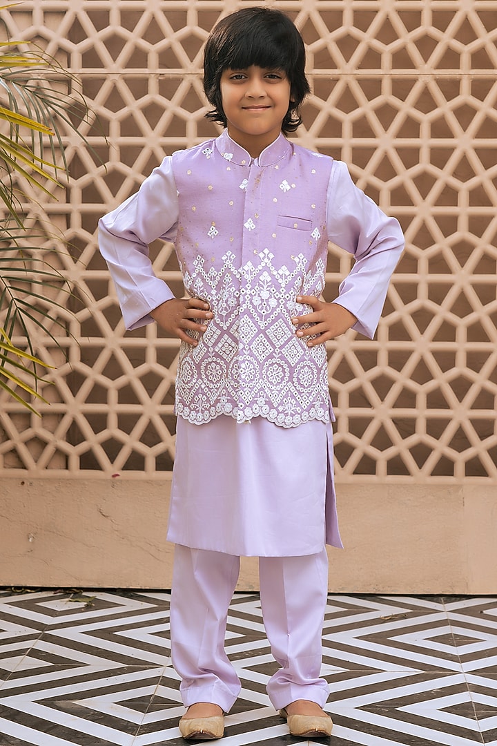 Lilac Tissue Organza Embroidered Nehru Jacket Set For Boys by Fayon Kids