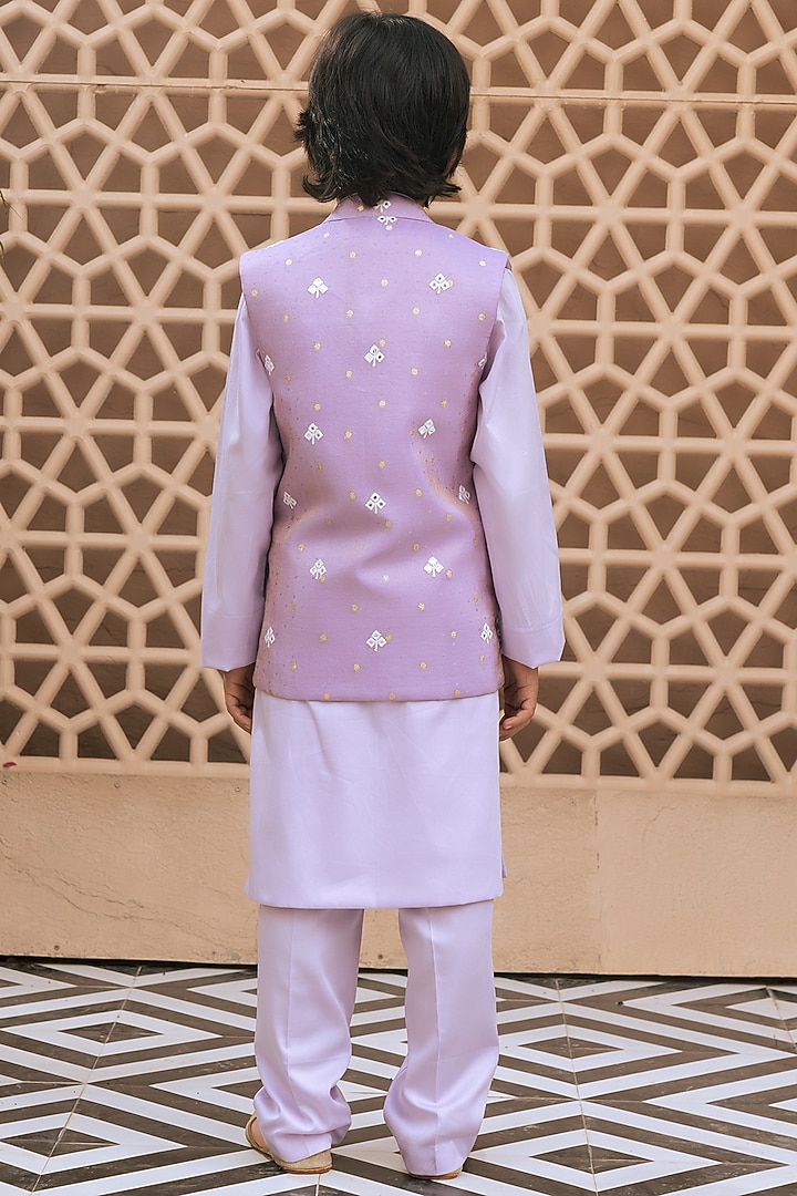 Lilac Tissue Organza Embroidered Nehru Jacket Set For Boys by Fayon Kids at Pernia's Pop Up Shop