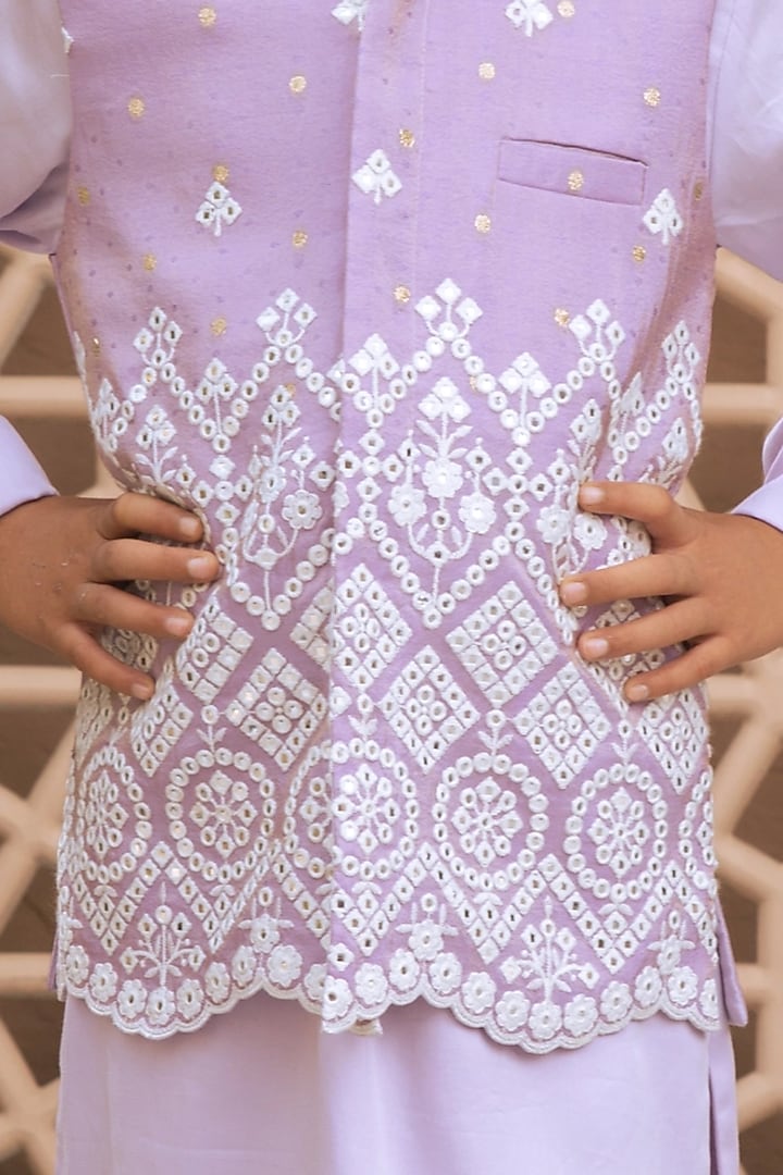Lilac Tissue Organza Embroidered Nehru Jacket Set For Boys by Fayon Kids at Pernia's Pop Up Shop