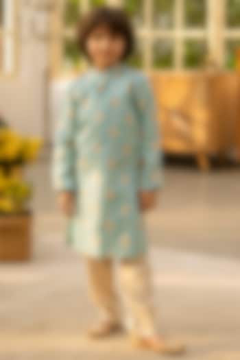 Blue Brocade Kurta Set For Boys by Fayon Kids