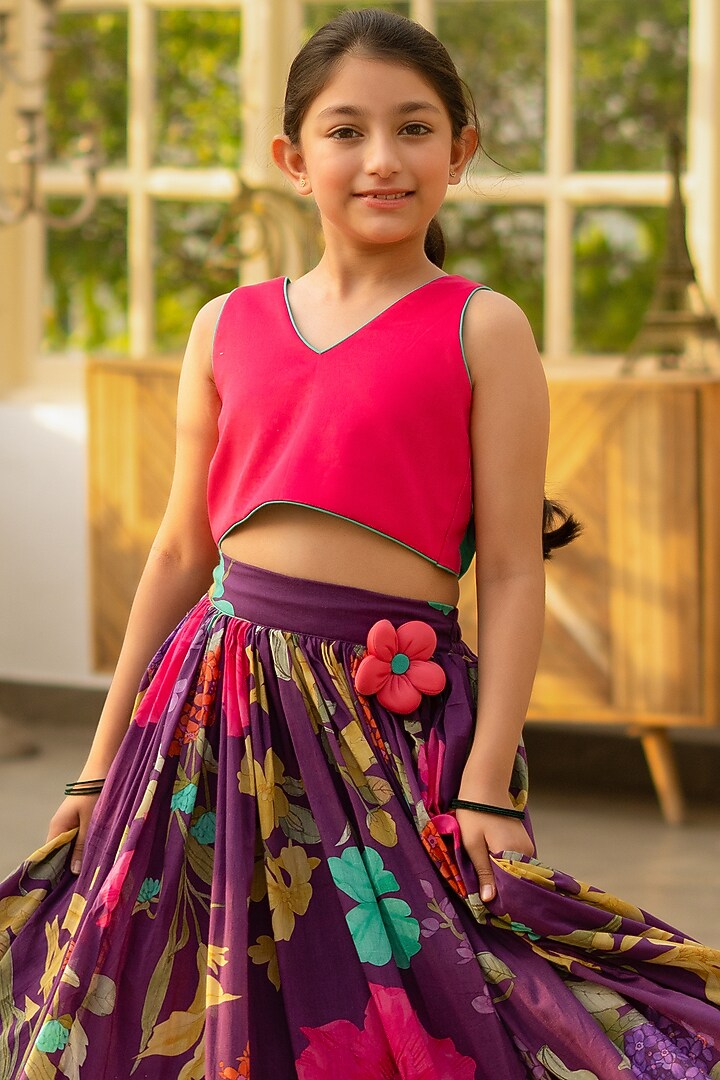 Multi-Colored Cotton 3D Floral Printed Lehenga Set For Girls by Fayon Kids at Pernia's Pop Up Shop