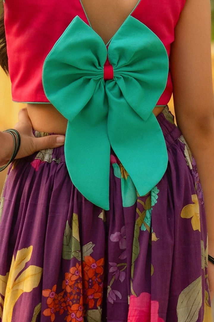 Multi-Colored Cotton 3D Floral Printed Lehenga Set For Girls by Fayon Kids at Pernia's Pop Up Shop