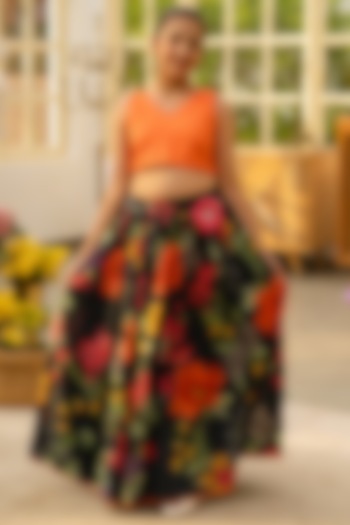 Multi-Colored Cotton 3D Floral Printed Lehenga Set For Girls by Fayon Kids at Pernia's Pop Up Shop