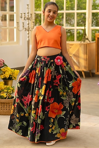 Multi-Colored Cotton 3D Floral Printed Lehenga Set For Girls by Fayon Kids