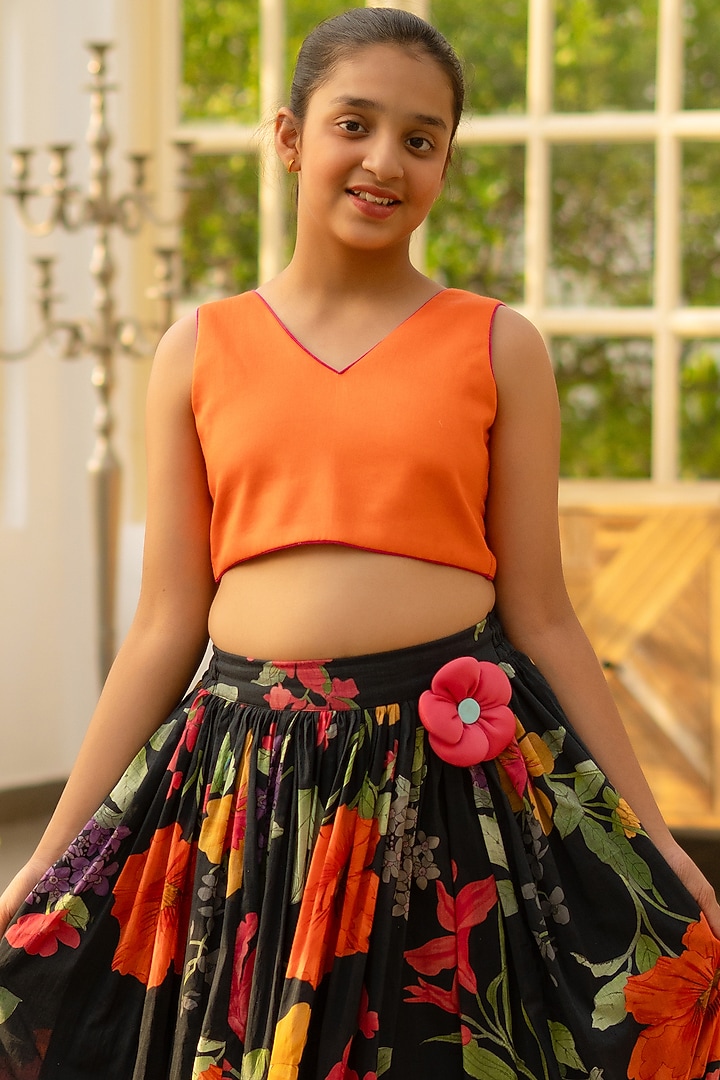 Multi-Colored Cotton 3D Floral Printed Lehenga Set For Girls by Fayon Kids at Pernia's Pop Up Shop