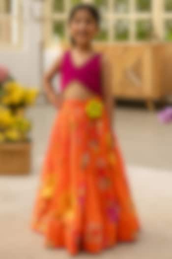 Multi-Colored Cotton 3D Floral Printed & Embellished Lehenga Set For Girls by Fayon Kids at Pernia's Pop Up Shop