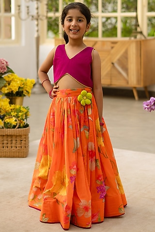 Multi-Colored Cotton 3D Floral Printed & Embellished Lehenga Set For Girls by Fayon Kids