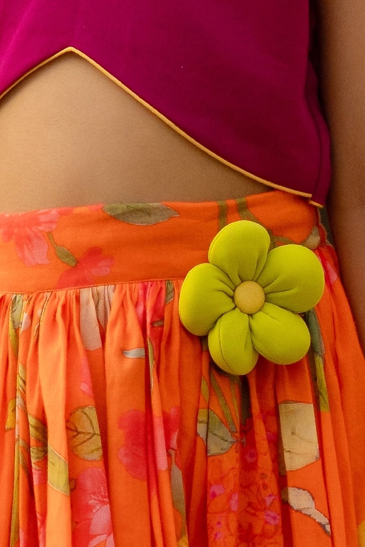 Multi-Colored Cotton 3D Floral Printed & Embellished Lehenga Set For Girls by Fayon Kids at Pernia's Pop Up Shop
