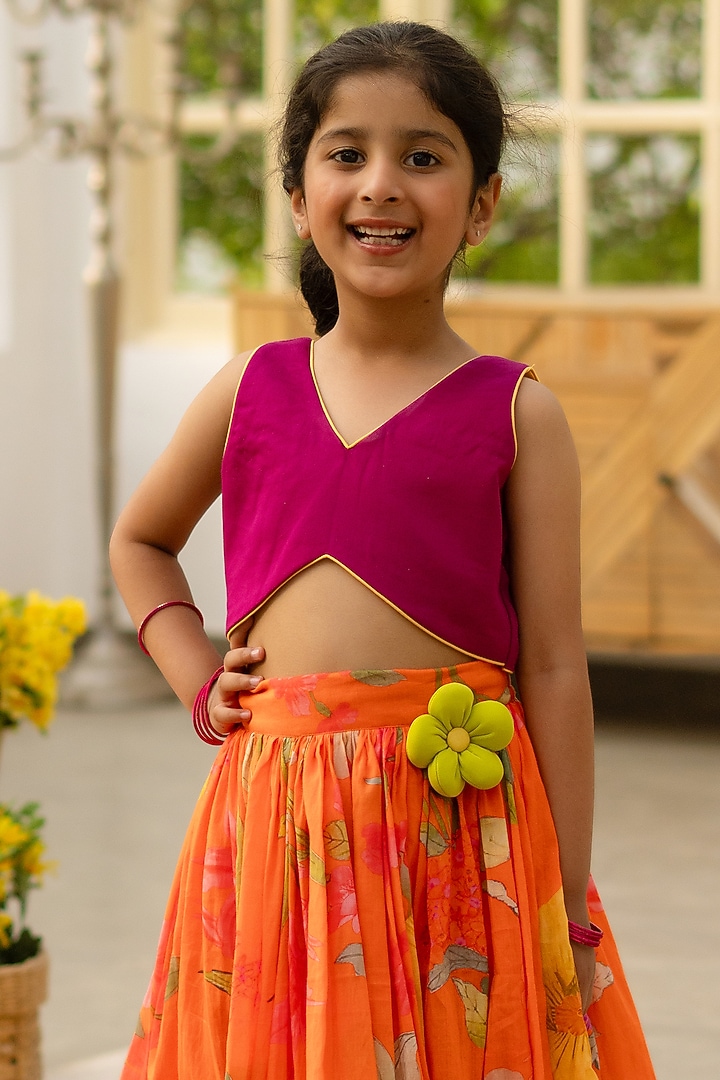 Multi-Colored Cotton 3D Floral Printed & Embellished Lehenga Set For Girls by Fayon Kids at Pernia's Pop Up Shop