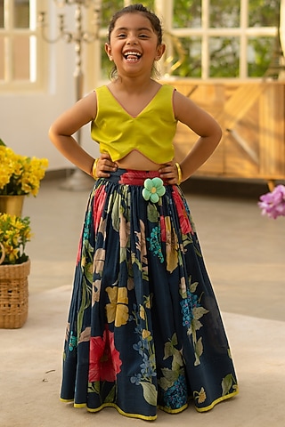 Multi-Colored Cotton 3D Floral Printed Lehenga Set For Girls by Fayon Kids