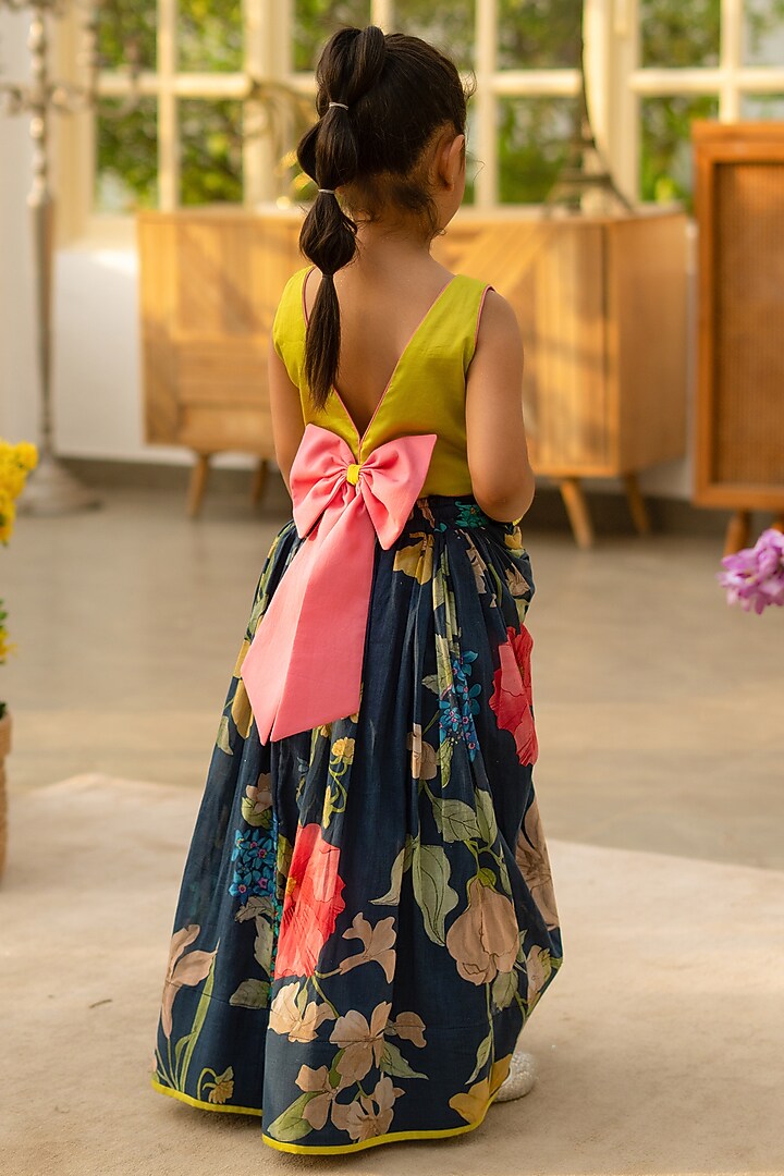 Multi-Colored Cotton 3D Floral Printed Lehenga Set For Girls by Fayon Kids at Pernia's Pop Up Shop