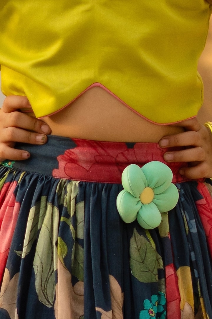 Multi-Colored Cotton 3D Floral Printed Lehenga Set For Girls by Fayon Kids at Pernia's Pop Up Shop