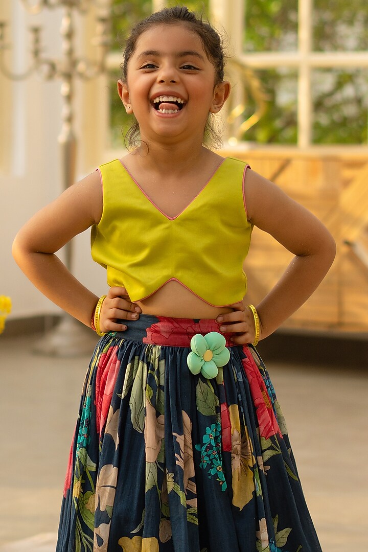 Multi-Colored Cotton 3D Floral Printed Lehenga Set For Girls by Fayon Kids at Pernia's Pop Up Shop