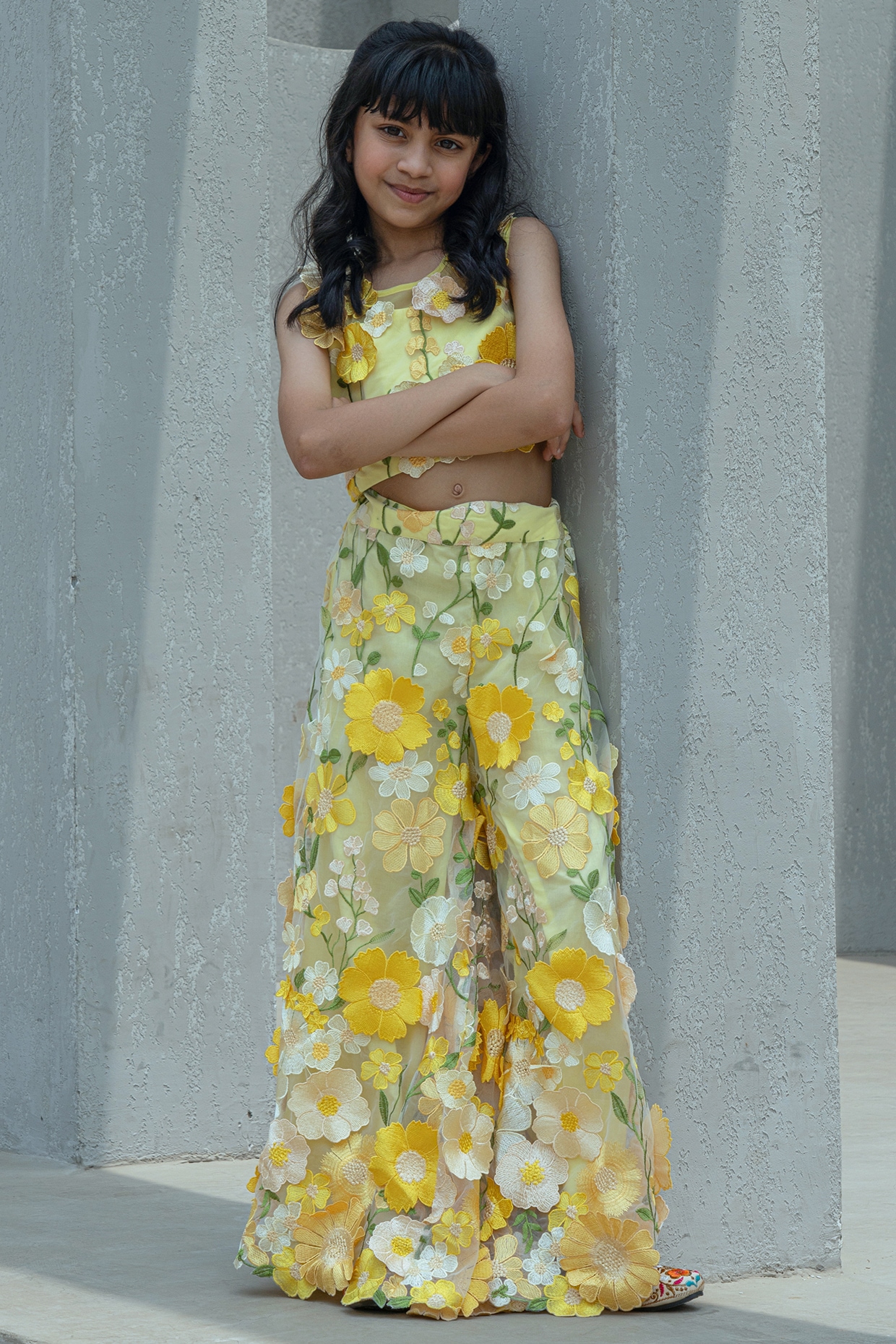 Yellow Organza 3D Floral Palazzo Pant Set For Girls by Fayon Kids