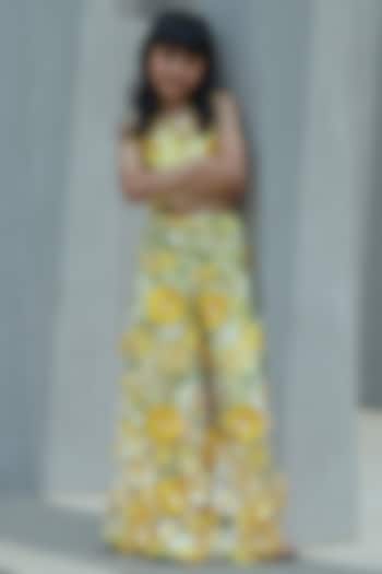 Yellow Organza 3D Floral Palazzo Pant Set For Girls by Fayon Kids at Pernia's Pop Up Shop