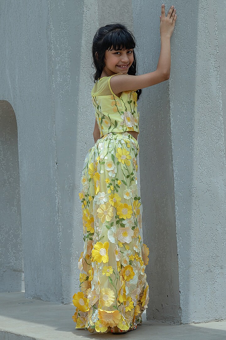 Yellow Organza 3D Floral Palazzo Pant Set For Girls by Fayon Kids at Pernia's Pop Up Shop