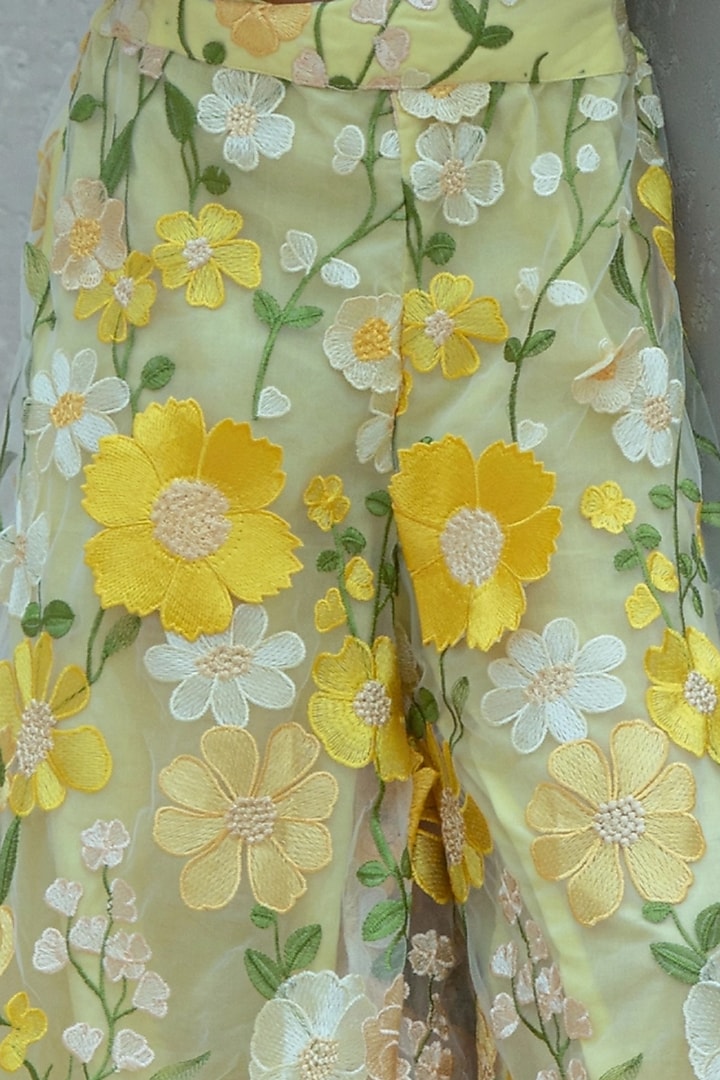 Yellow Organza 3D Floral Palazzo Pant Set For Girls by Fayon Kids at Pernia's Pop Up Shop