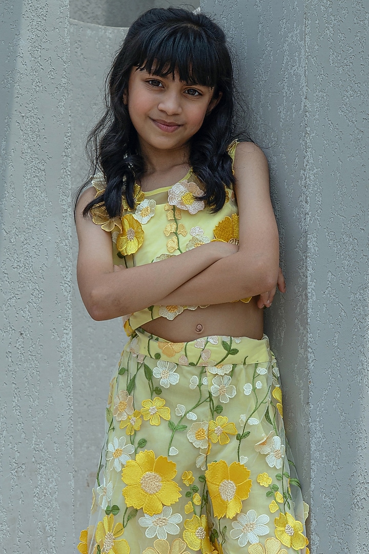 Yellow Organza 3D Floral Palazzo Pant Set For Girls by Fayon Kids at Pernia's Pop Up Shop