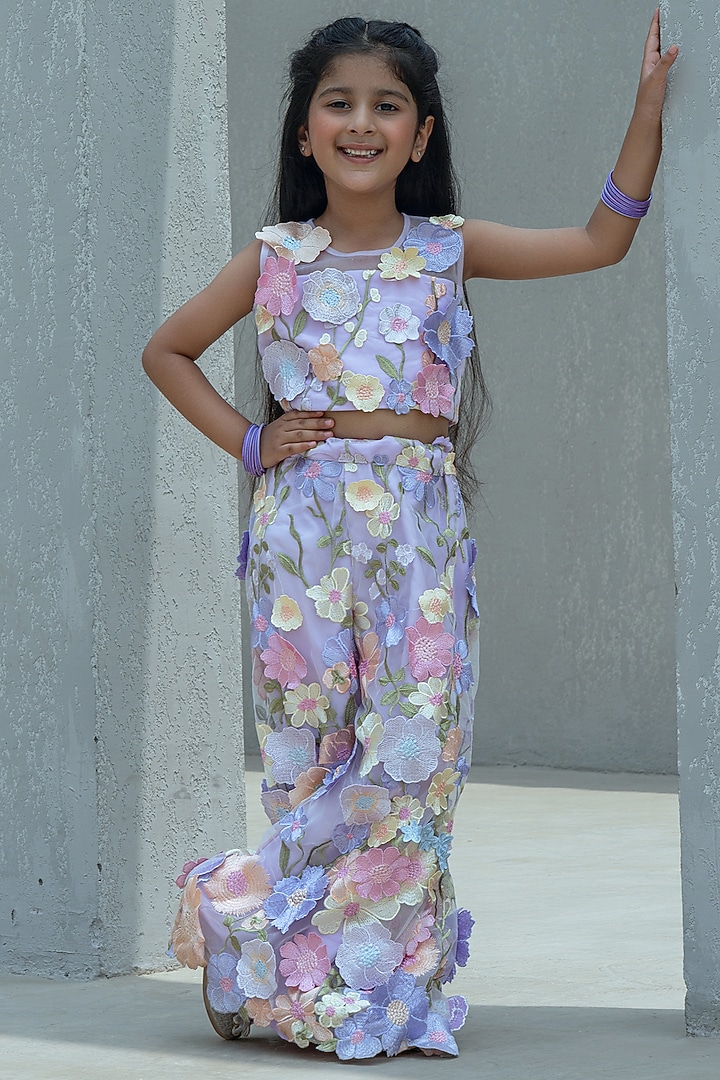 Lilac Organza 3D Floral Palazzo Pant Set For Girls by Fayon Kids at Pernia's Pop Up Shop