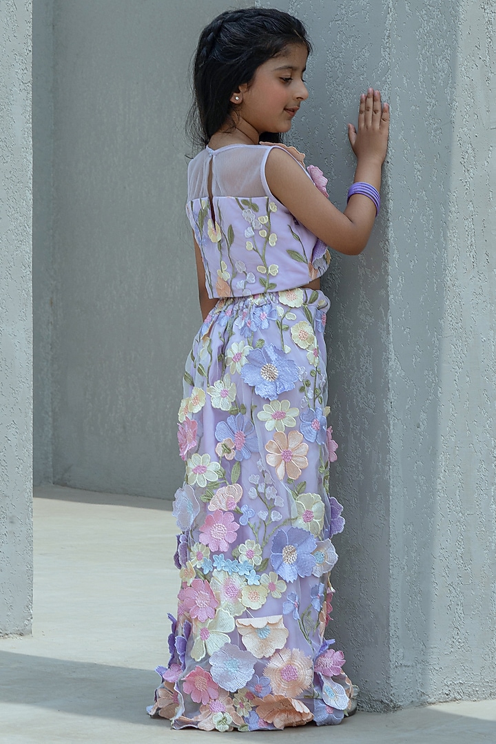 Lilac Organza 3D Floral Palazzo Pant Set For Girls by Fayon Kids at Pernia's Pop Up Shop