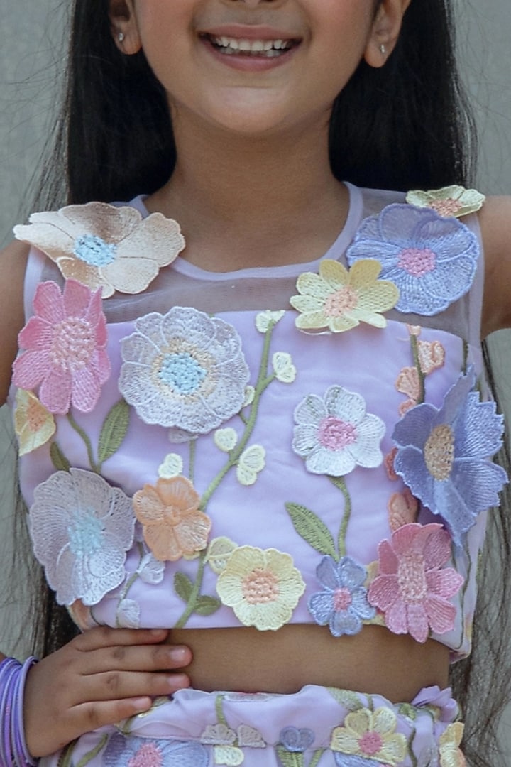 Lilac Organza 3D Floral Palazzo Pant Set For Girls by Fayon Kids at Pernia's Pop Up Shop