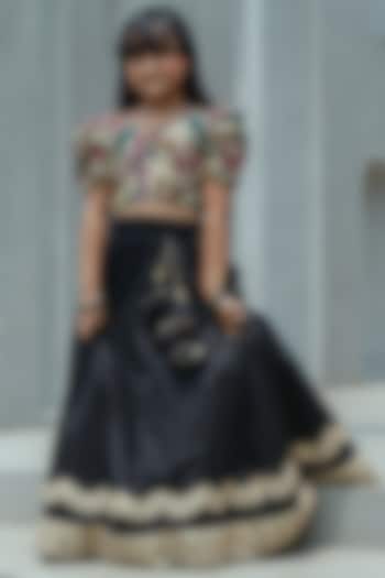 Black Dupion Silk Embroidered Lehenga Set For Girls by Fayon Kids at Pernia's Pop Up Shop