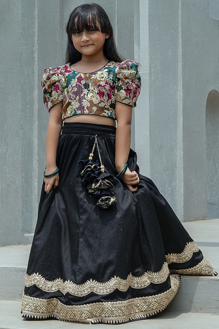 Black Dupion Silk Embroidered Lehenga Set For Girls by Fayon Kids at Pernia's Pop Up Shop