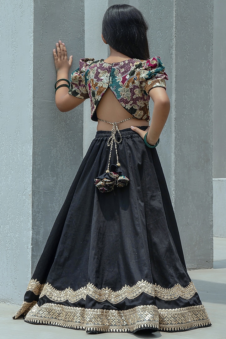 Black Dupion Silk Embroidered Lehenga Set For Girls by Fayon Kids at Pernia's Pop Up Shop