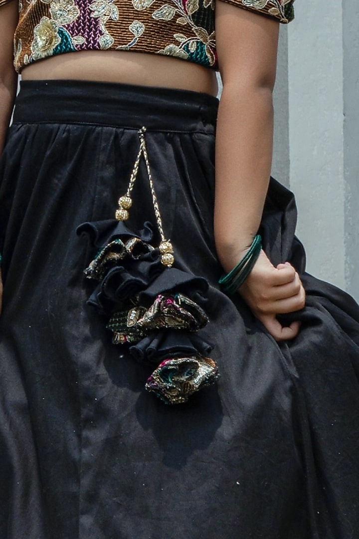 Black Dupion Silk Embroidered Lehenga Set For Girls by Fayon Kids at Pernia's Pop Up Shop
