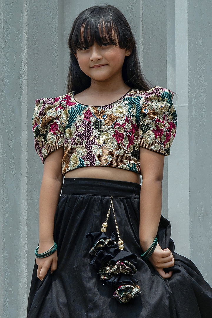 Black Dupion Silk Embroidered Lehenga Set For Girls by Fayon Kids at Pernia's Pop Up Shop