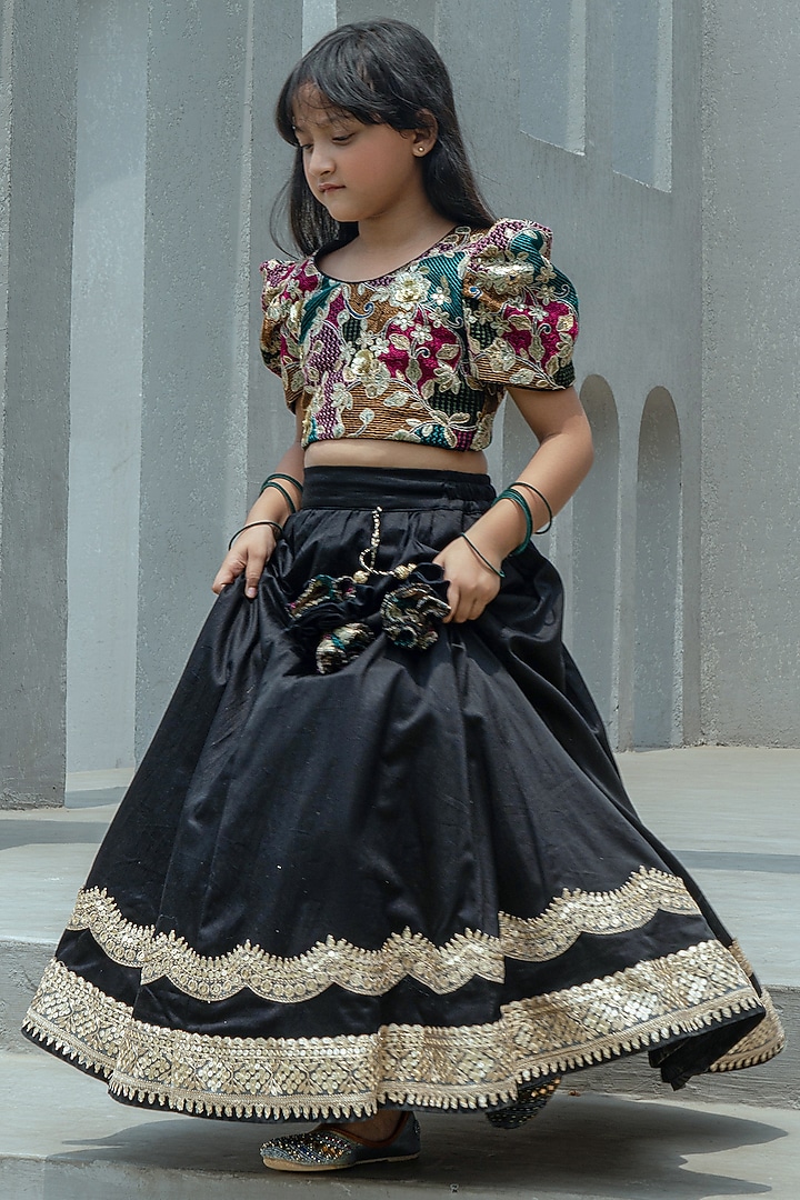 Black Dupion Silk Embroidered Lehenga Set For Girls by Fayon Kids at Pernia's Pop Up Shop