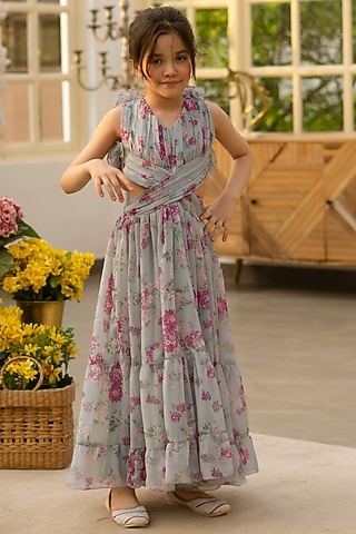 Green Chiffon Floral Printed Frilled Dress For Girls by Fayon Kids